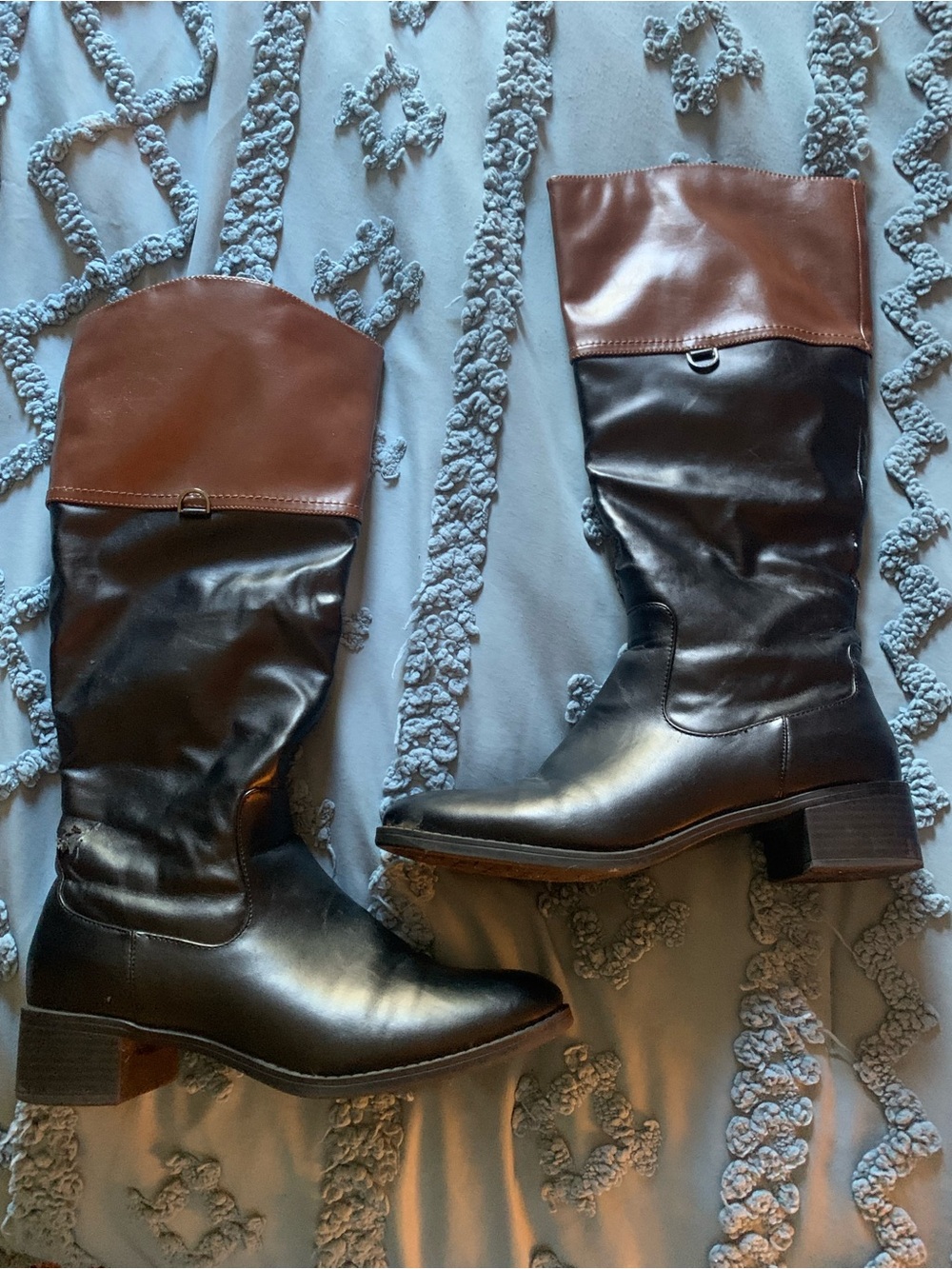 Two-Tone Black and Chestnut Knee-High Faux Leather Boots
